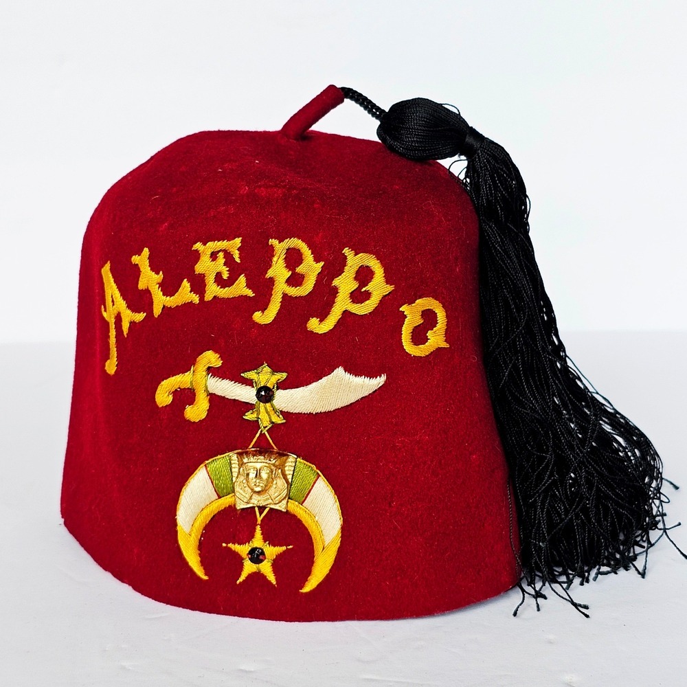 Vintage Aleppo Shriners Fez Hat Red Wool Felt Black Tassel Masonic Fraternal